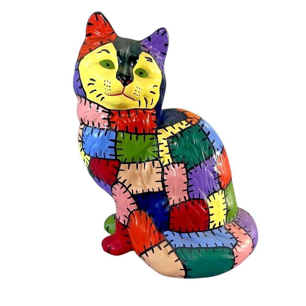 Vtg Ceramic Hand Painted Patchwork Quilt Cat Figurine Singed Cat Home Decor